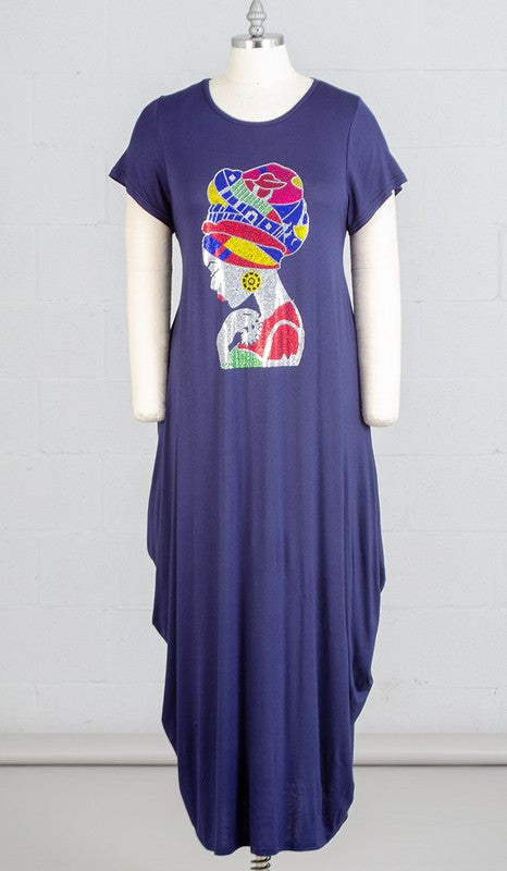 Karachic African Queen Rhinestone Maxi Dress with Pockets