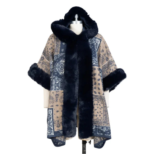 Navy Hooded Faux Fur Trim Cape