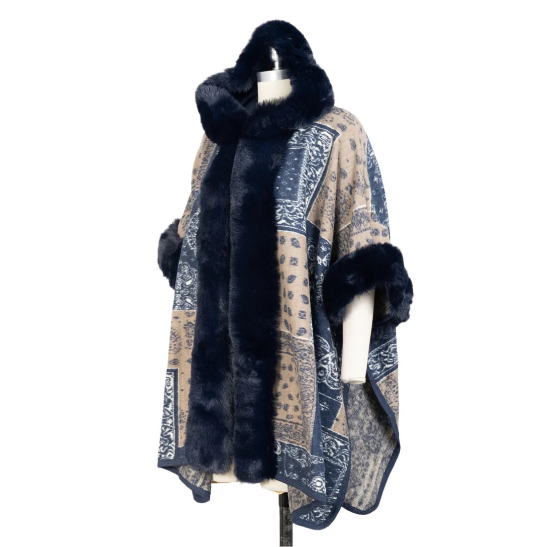 Navy Hooded Faux Fur Trim Cape