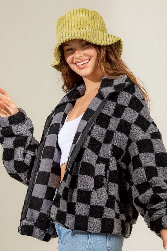 Cozy Grey Checkered Sherpa Jacket