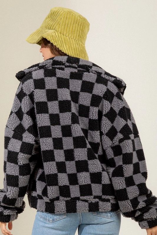 Cozy Grey Checkered Sherpa Jacket