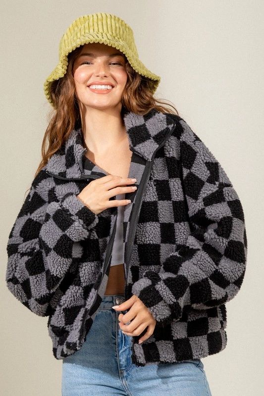 Cozy Grey Checkered Sherpa Jacket
