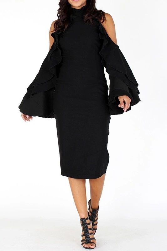 Black Cold-Shoulder Midi Dress