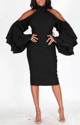 Black Cold-Shoulder Midi Dress