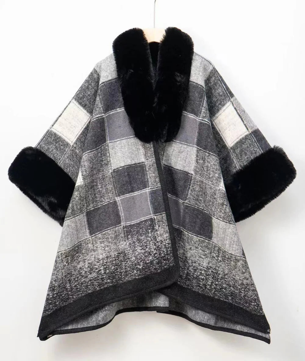 Black and Checker Pattern Faux Fur Trim Cape