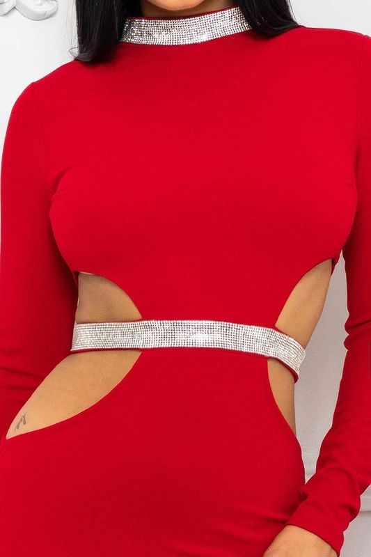 Elegant Cutout Waist Red Bodycon Dress with Side Split -Scarlet Desire