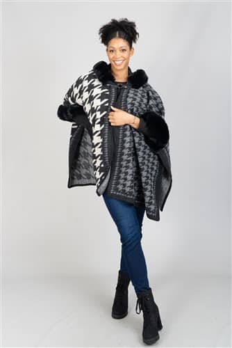 Black Hooded Houndstooth Faux Fur Trim Cape