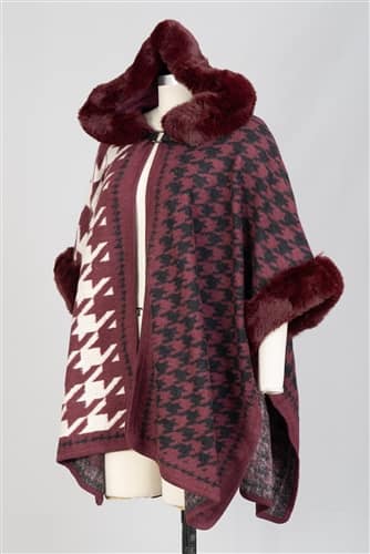 Burgundy Hooded Houndstooth Faux Fur Trim Cape