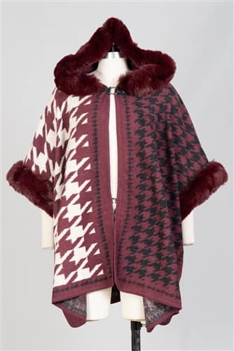 Burgundy Hooded Houndstooth Faux Fur Trim Cape