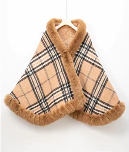 Camel Plaid Faux Fur Trim Cape