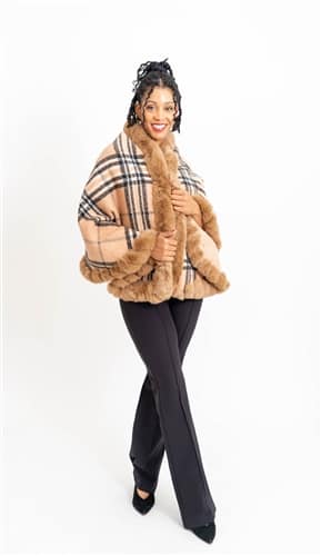 Camel Plaid Faux Fur Trim Cape