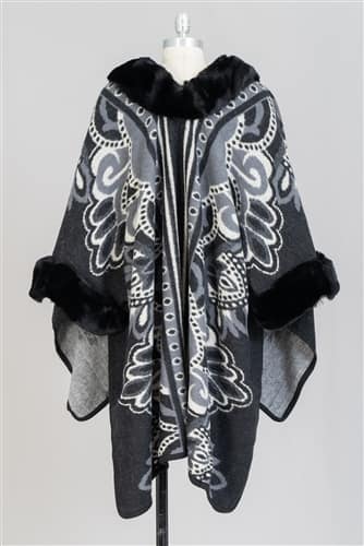 Women's Black Luxurious Print Faux Fur Trim Cape