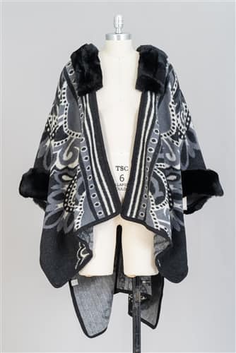 Women's Black Luxurious Print Faux Fur Trim Cape