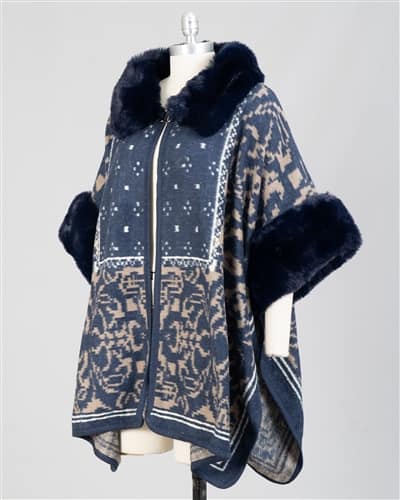Luxurious Navy Print Faux Fur Trim Cape