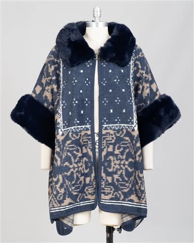 Luxurious Navy Print Faux Fur Trim Cape