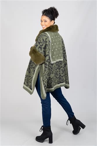 Olive Luxe Faux Fur Trim Print Cape