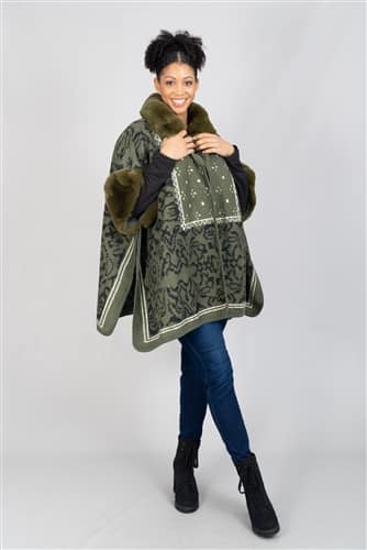 Olive Luxe Faux Fur Trim Print Cape