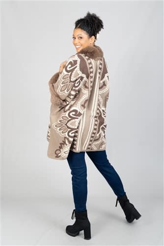 Women's Camel Luxurious Print Faux Fur Trim Cape